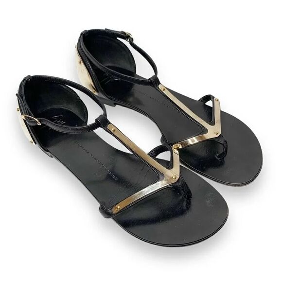 Giuseppe Zanotti Shoes - Giuseppe Zanotti Italian Black Leather Gold Metal Women’s Sandals Sz 38 (7.5 US)